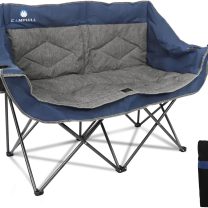 Folding Loveseat Camping Chair,Portable Double Chair w/Cup Holder,Wine Glass Holder,Carry Bag Heavy Duty Lawn Chair for 2 Adults,Perfect for Camp,Hiking,Picnics and Beach Trips,Blue