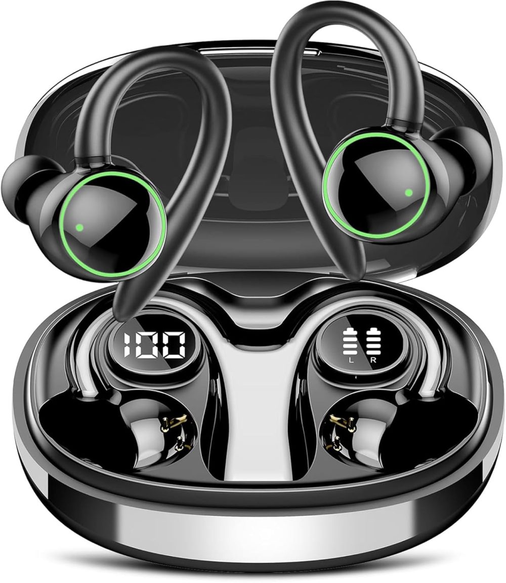 Wireless Earbuds, Bluetooth Ear Buds Sport, Stereo Deep Bass Over Ear Buds with Earhooks, In Ear Earphones with 4 ENC Noise Cancelling Mic, 48H LED Display Headphone for Running, IP7 Waterproof, Black