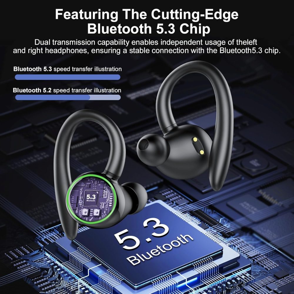 Wireless Earbuds, Bluetooth Ear Buds Sport, Stereo Deep Bass Over Ear Buds with Earhooks, In Ear Earphones with 4 ENC Noise Cancelling Mic, 48H LED Display Headphone for Running, IP7 Waterproof, Black - Image 2