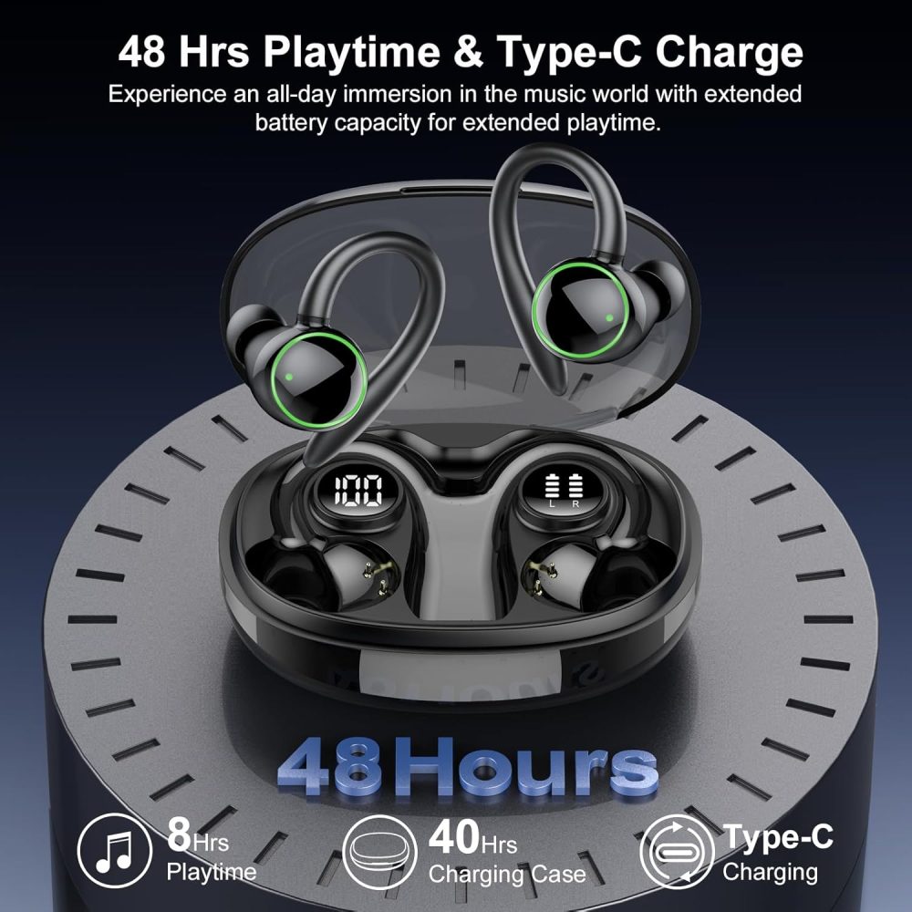 Wireless Earbuds, Bluetooth Ear Buds Sport, Stereo Deep Bass Over Ear Buds with Earhooks, In Ear Earphones with 4 ENC Noise Cancelling Mic, 48H LED Display Headphone for Running, IP7 Waterproof, Black - Image 5