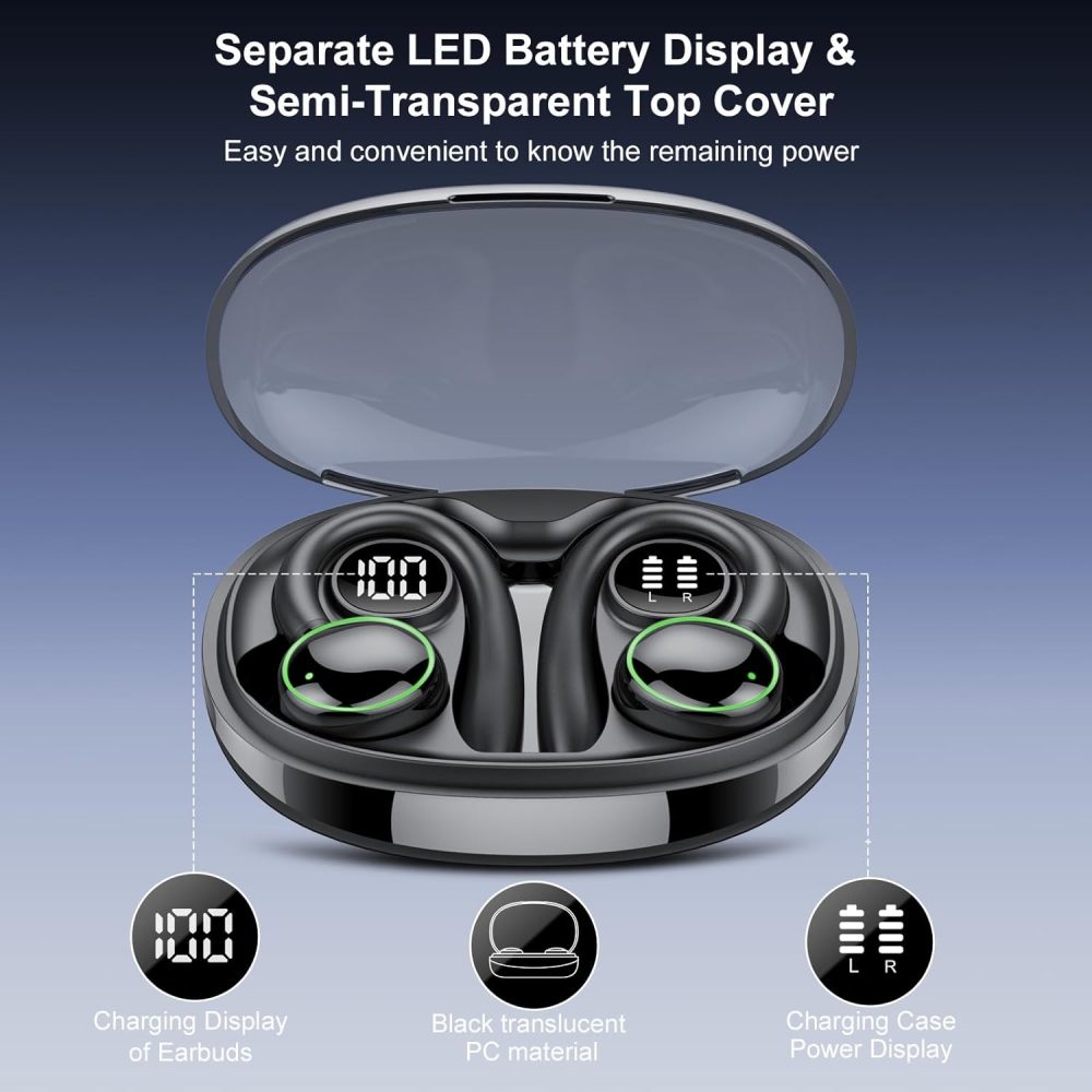 Wireless Earbuds, Bluetooth Ear Buds Sport, Stereo Deep Bass Over Ear Buds with Earhooks, In Ear Earphones with 4 ENC Noise Cancelling Mic, 48H LED Display Headphone for Running, IP7 Waterproof, Black - Image 6