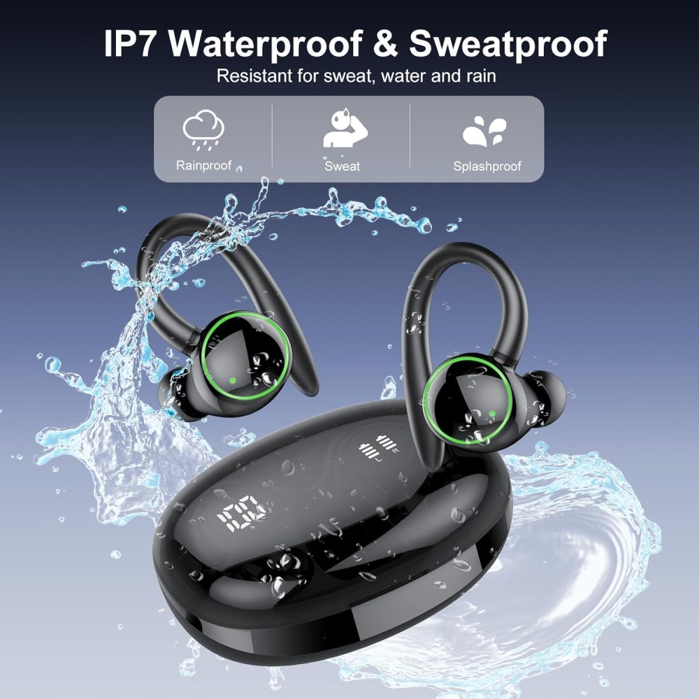Wireless Earbuds, Bluetooth Ear Buds Sport, Stereo Deep Bass Over Ear Buds with Earhooks, In Ear Earphones with 4 ENC Noise Cancelling Mic, 48H LED Display Headphone for Running, IP7 Waterproof, Black - Image 7