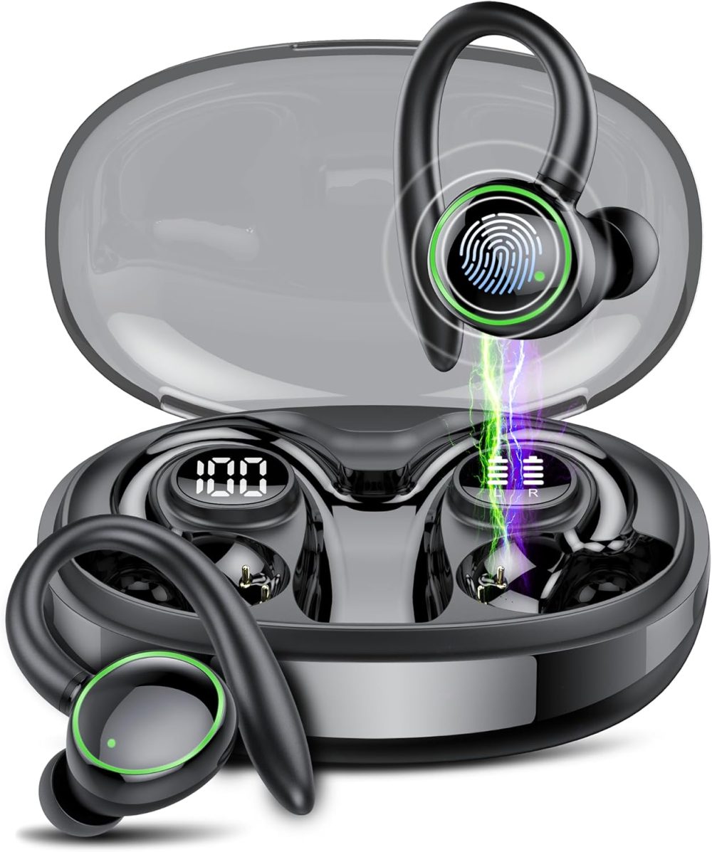 Wireless Earbuds, Bluetooth Ear Buds Sport, Stereo Deep Bass Over Ear Buds with Earhooks, In Ear Earphones with 4 ENC Noise Cancelling Mic, 48H LED Display Headphone for Running, IP7 Waterproof, Black - Image 8