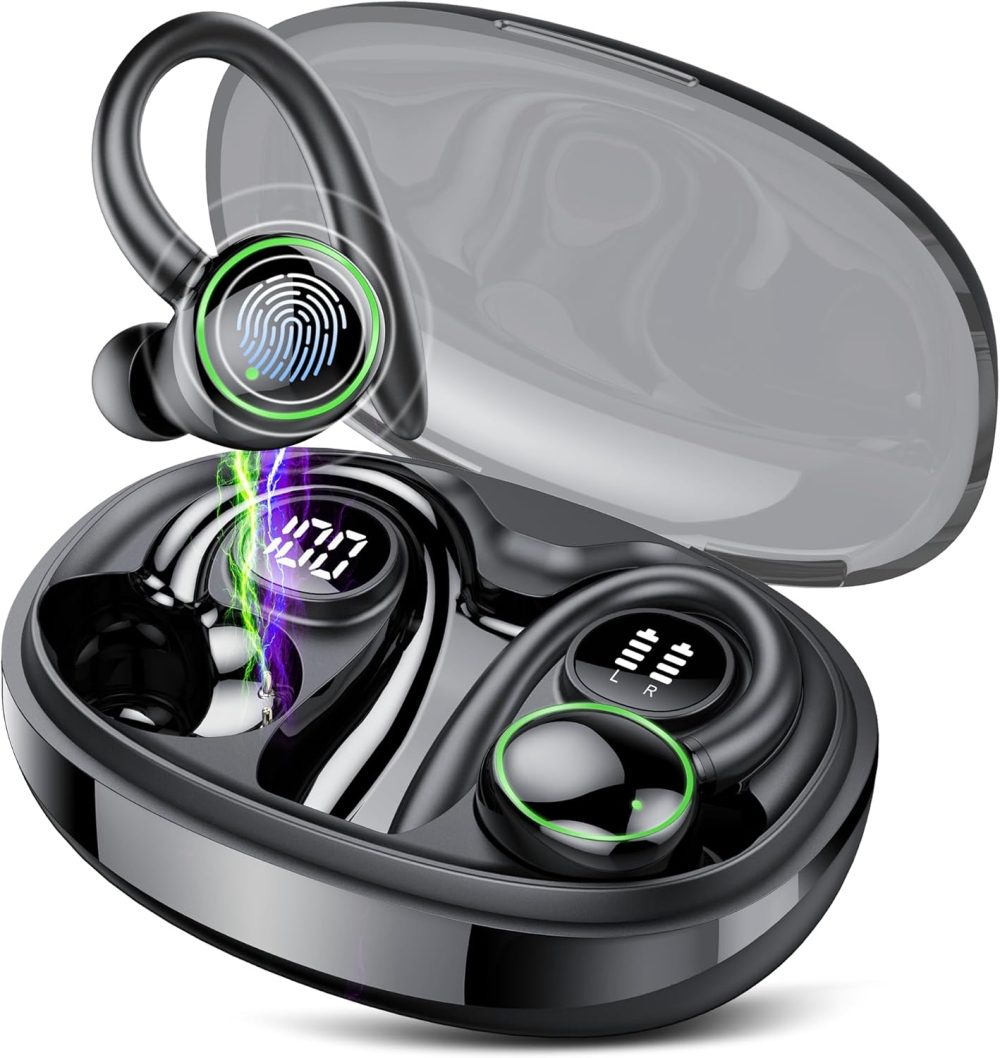 Wireless Earbuds, Bluetooth Ear Buds Sport, Stereo Deep Bass Over Ear Buds with Earhooks, In Ear Earphones with 4 ENC Noise Cancelling Mic, 48H LED Display Headphone for Running, IP7 Waterproof, Black - Image 9
